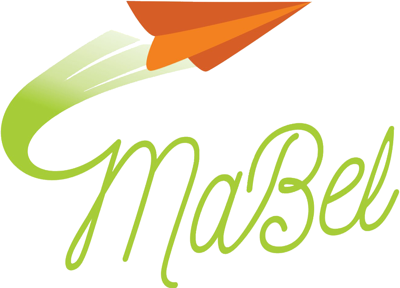 Logo da Mabel. Um avião laranja voando em cima do nome MaBel escrito com uma cor verde e em cursivo. Abaixo está escrito Clube Educacional em laranja.